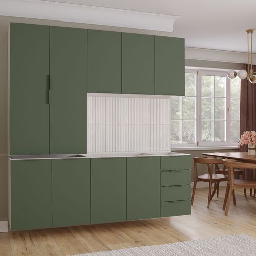 Cozinha Modulada 4 Peças sem Tampo 2 Aéreos 5 Portas e 2 Balcões Ipanema Cabecasa Madeiraoriginals Verde Folha/Branco