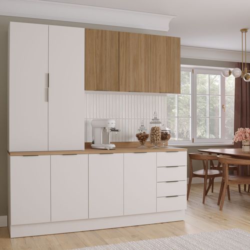 Cozinha Modulada 4 Peças com Tampo 2 Aéreos 5 Portas e 2 Balcões Ipanema CabeCasa MadeiraOriginals Branco/Acácia