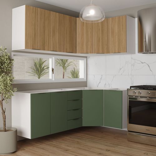Cozinha Modulada 6 Peças Sem Tampo 3 Aéreos e 3 Balcões Ipanema CabeCasa MadeiraOriginals Acácia/Verde Folha/Branco