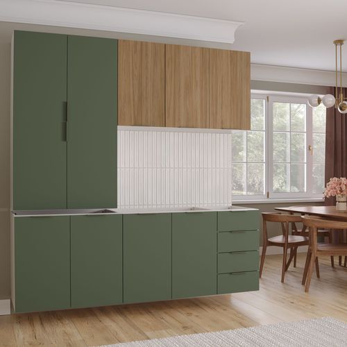 Cozinha Modulada 4 Peças sem Tampo 2 Aéreos 5 Portas e 2 Balcões Ipanema CabeCasa MadeiraOriginals Verde Folha/Acácia/Branco