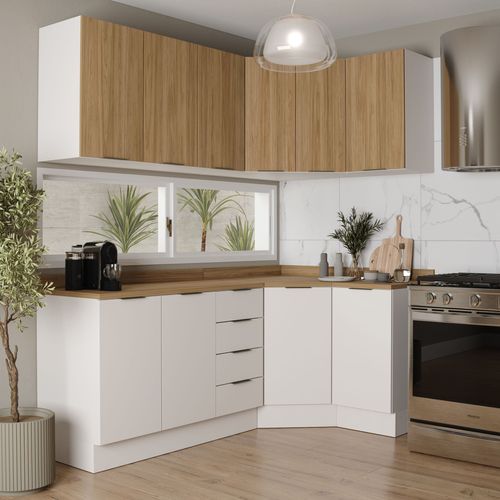 Cozinha Modulada 6 Peças com Tampo 3 Aéreos e 3 Balcões Ipanema CabeCasa MadeiraOriginals Acácia/Branco