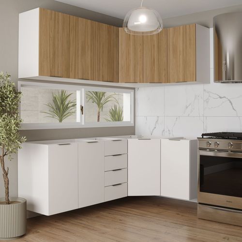 Cozinha Modulada 6 Peças Sem Tampo 3 Aéreos e 3 Balcões Ipanema CabeCasa MadeiraOriginals Acácia/Branco