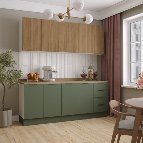 Cozinha Modulada 4 Peças com Tampo 2 Aéreos e 2 Balcões Ipanema CabeCasa MadeiraOriginals Acácia/Verde Folha/Branco