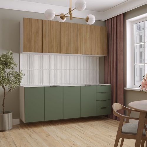 Cozinha Modulada 4 Peças Sem Tampo 2 Aéreos e 2 Balcões Ipanema CabeCasa MadeiraOriginals Acácia/Verde Folha/Branco