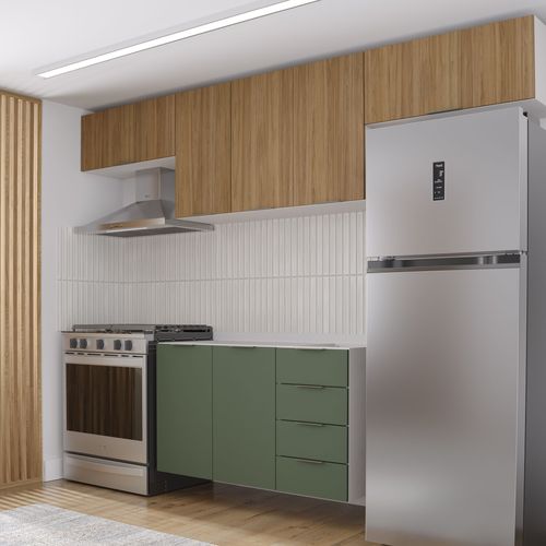 Cozinha Modulada 4 Peças Sem Tampo 3 Aéreos e 1 Balcão para Pia Ipanema CabeCasa MadeiraOriginals Acácia/Verde Folha/Branco