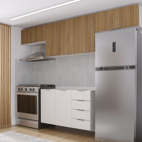 Cozinha Modulada 4 Peças Sem Tampo 3 Aéreos e 1 Balcão para Pia Ipanema CabeCasa MadeiraOriginals Acácia/Branco