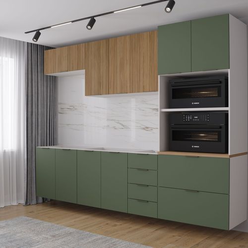 Cozinha Modulada 5 Peças 2 Aéreos 2 Balcões 1 Torre Quente Ipanema CabeCasa MadeiraOriginals Acácia/Verde Folha/Branco