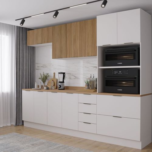 Cozinha Modulada 5 Peças 1 Tampo 2 Aéreos 2 Balcões 1 Torre Quente Ipanema CabeCasa MadeiraOriginals Branco/Acácia