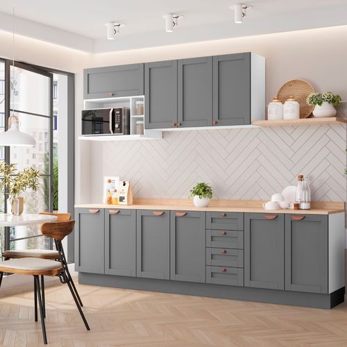 Cozinha Modulada 6 Peças com Tampo 3 Aéreos 3 Balcões CabeCasa MadeiraOriginals Branco/Cinza