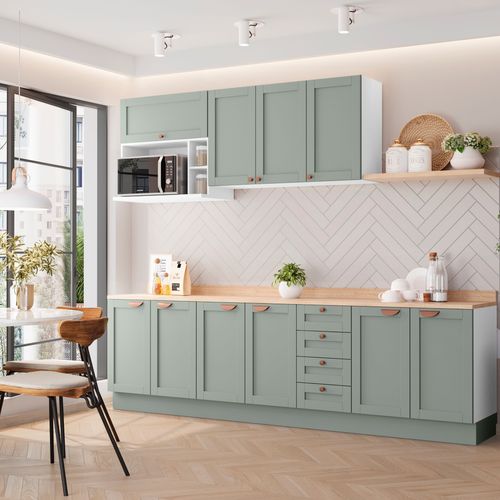 Cozinha Modulada 6 Peças com Tampo 3 Aéreos 3 Balcões CabeCasa MadeiraOriginals Branco/Menta
