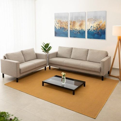 Conjunto de Sofá Antúrio 3 e 2 Lugares com Usb em Linho CabeCasa MadeiraOriginals Bege Bege
