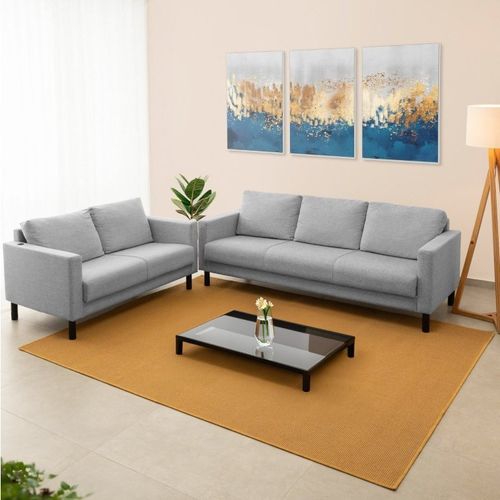 Conjunto de Sofá Antúrio 3 e 2 Lugares com Usb em Linho CabeCasa MadeiraOriginals Cinza Cinza