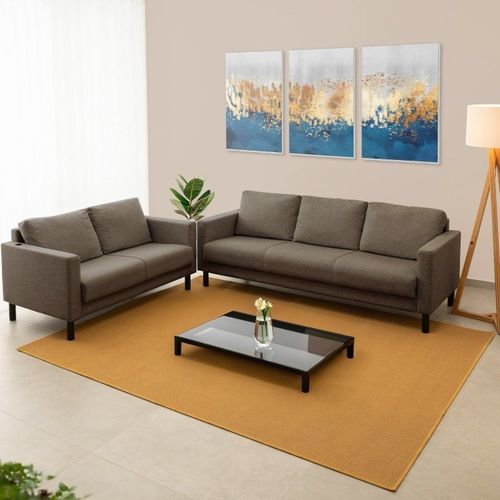 Conjunto de Sofá Antúrio 3 e 2 Lugares com Usb em Linho CabeCasa MadeiraOriginals Marrom Marrom