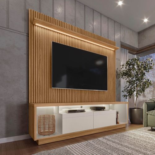 Rack com Painel para TV até 75 Polegadas Ripado LED 204x181cm Cronos CabeCasa MadeiraOriginals Marrom Nature/Off White Nature/ Off White