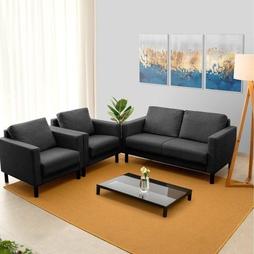 Conjunto Sofá Lugares com USB e 2 Poltronas em Linho Antúrio CabeCasa MadeiraOriginals Cinza Escuro Cinza Escuro