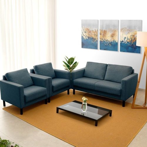 Conjunto Sofá Lugares com USB e 2 Poltronas em Linho Antúrio CabeCasa MadeiraOriginals Azul Azul