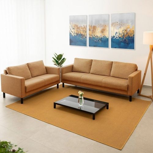 Conjunto de Sofá Antúrio 3 e 2 Lugares com Usb em Linho CabeCasa MadeiraOriginals Amarelo Âmbar Âmbar