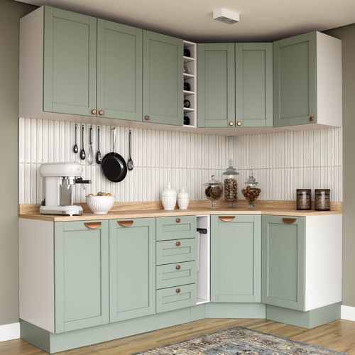 Cozinha Modulada 8 Peças 3 Aéreos 3 Balcões Adega e Toalheiro Arizona CabeCasa MadeiraOriginals Menta/Branco