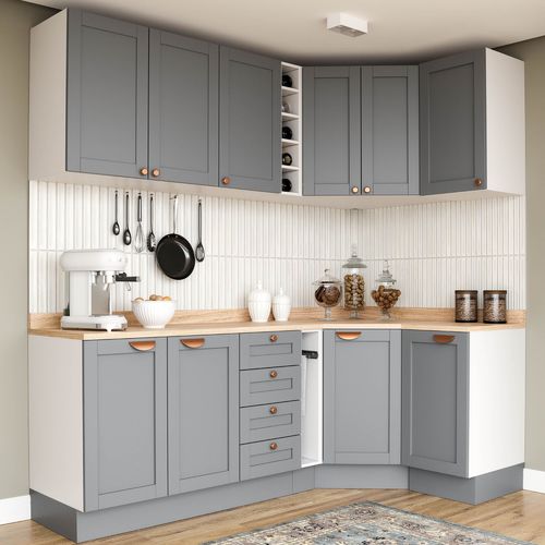 Cozinha Modulada 8 Peças 3 Aéreos 3 Balcões Adega e Toalheiro Arizona CabeCasa MadeiraOriginals Cinza/Branco