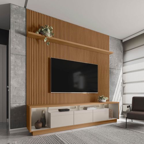 Rack Painel Ripado para TV até 75 Polegadas com LED MDF 220cmx250cm Fita Cronos CabeCasa MadeiraOriginals Marrom Nature/Off White Nature/ Off White