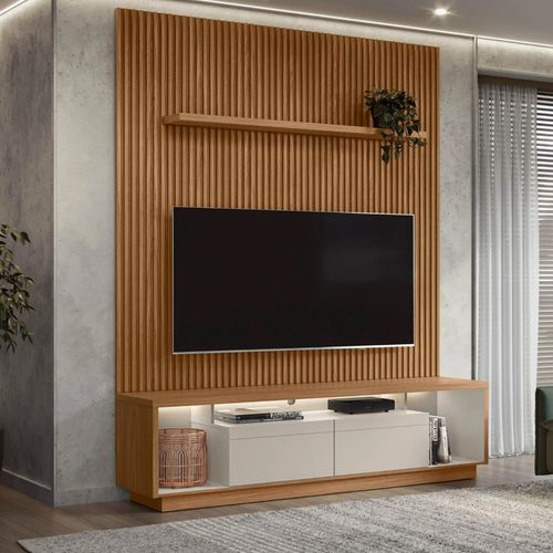 Rack Painel Ripado para TV até 75 Polegadas LED MDF 180cmx250cm Cronos com Fita CabeCasa MadeiraOriginals Marrom Nature/Off White Nature/ Off White