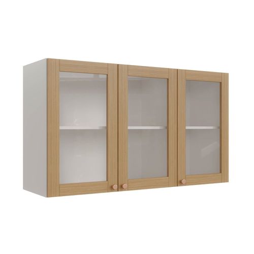 Armário Aéreo 3 Portas 120cm com Porta de Vidro Arizona CabeCasa MadeiraOriginals Branco/Figueira