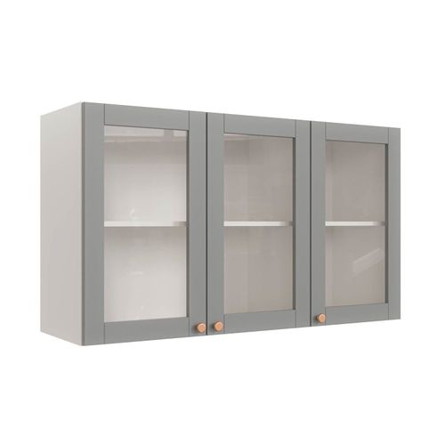 Armário Aéreo 3 Portas 120cm com Porta de Vidro Arizona CabeCasa MadeiraOriginals Branco/Cinza