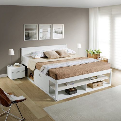 Cama Queen Multifuncional Madeira Maciça Irara CabeCasa MadeiraOriginals Branco Lavado