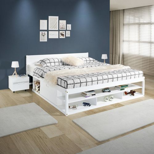 Cama King Multifuncional Madeira Maciça Irara CabeCasa MadeiraOriginals Branco Lavado