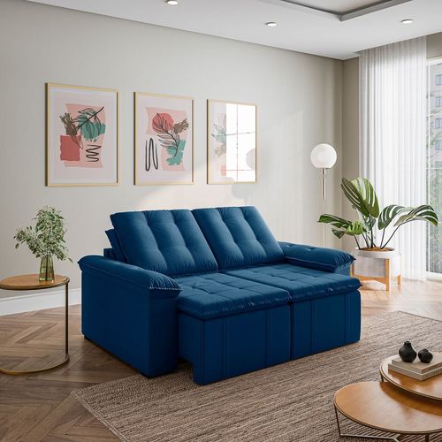 Sofá Retrátil Reclinável 3 Lugares 180cm Veludo com Molas Palmeira CabeCasa MadeiraOriginals Azul Azul