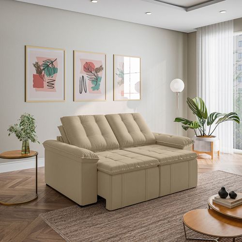 Sofá Retrátil Reclinável 3 Lugares 180cm Veludo com Molas Palmeira CabeCasa MadeiraOriginals Bege Bege