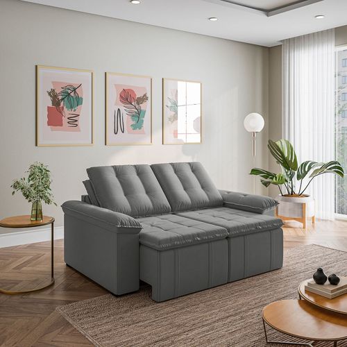 Sofá Retrátil Reclinável 3 Lugares 180cm Veludo com Molas Palmeira CabeCasa MadeiraOriginals Cinza Cinza