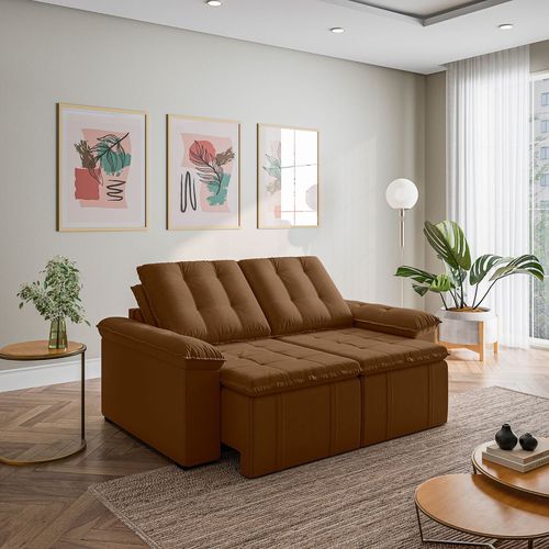 Sofá Retrátil Reclinável 3 Lugares 180cm Veludo com Molas Palmeira CabeCasa MadeiraOriginals Marrom Marrom