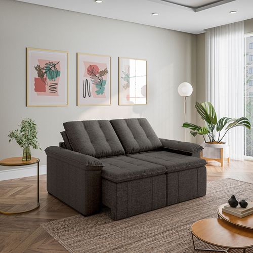 Sofá Retrátil Reclinável 3 Lugares 180cm Linho com Molas Palmeira CabeCasa MadeiraOriginals Cinza Chumbo Chumbo