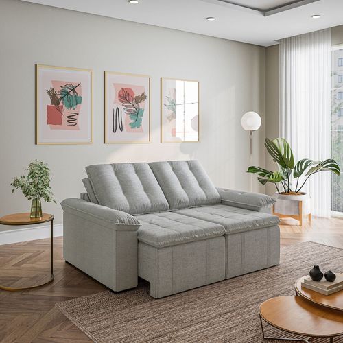 Sofá Retrátil Reclinável 3 Lugares 180cm Linho com Molas Palmeira CabeCasa MadeiraOriginals Cinza Cinza