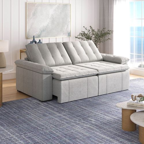 Sofá Cama Retrátil e Reclinável 4 Lugares 240cm Linho com Molas Palmeira CabeCasa MadeiraOriginals Cinza Cinza