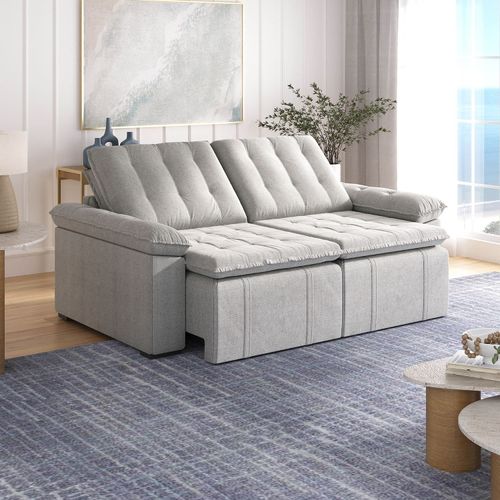Sofá Cama Palmeira 3 Lugares Retrátil Reclinável 2,20m Linho com Molas CabeCasa MadeiraOriginals Cinza Cinza