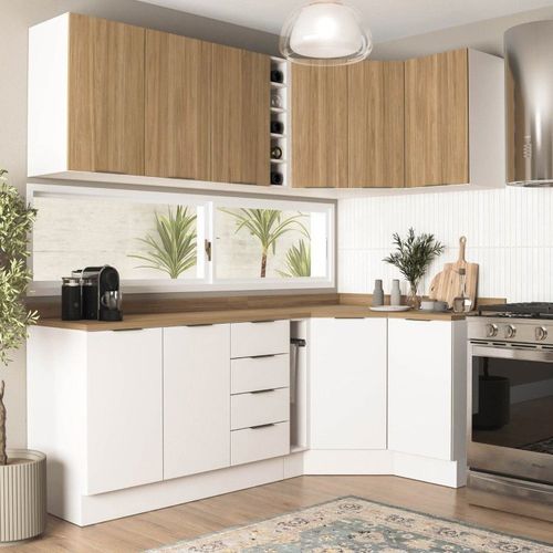 Cozinha Modulada 8 Peças 3 Aéreos 3 Balcões Adega e Toalheiro Ipanema CabeCasa MadeiraOriginals Acácia/Branco