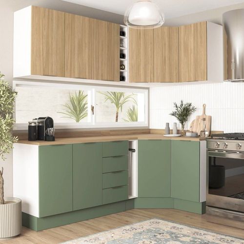 Cozinha Modulada 8 Peças 3 Aéreos 3 Balcões Adega e Toalheiro Ipanema CabeCasa MadeiraOriginals Acácia/Verde Folha