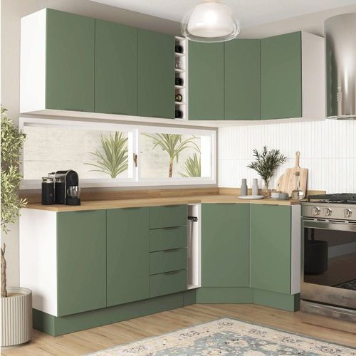 Cozinha Modulada 8 Peças 3 Aéreos 3 Balcões Adega e Toalheiro Ipanema CabeCasa MadeiraOriginals Verde Folha