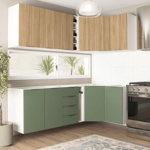 Cozinha Modulada 8 Peças sem Tampo Ipanema CabeCasa MadeiraOriginals Acácia/Verde Folha