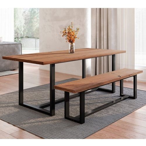 Conjunto de Jantar Mesa 210cm com Banco Rústico Industrial Lumber CabeCasa MadeiraOriginals Marrom/Preto