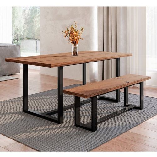 Conjunto de Jantar Mesa 183cm com Banco Rústico Industrial Lumber CabeCasa MadeiraOriginals Marrom/Preto