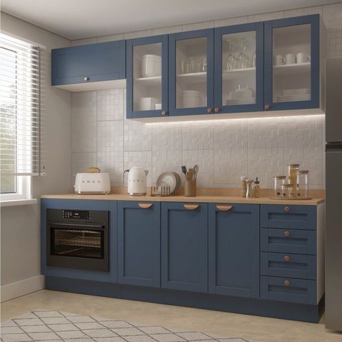 Cozinha Modulada 6 Peças com Tampo, Portas de Vidro e Balcão de Embutir CabeCasa MadeiraOriginals Azul/Branco