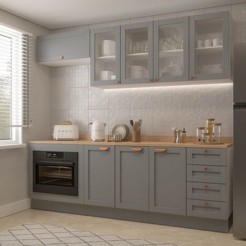Cozinha Modulada 6 Peças 1 Tampo, Portas de Vidro e Balcão Arizona CabeCasa MadeiraOriginals Cinza/Branco