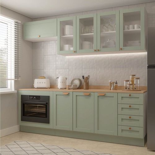 Cozinha Modulada 6 Peças com Tampo, Portas de Vidro e Balcão de Embutir CabeCasa MadeiraOriginals Menta/Branco