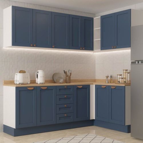 Cozinha Modulada 6 Peças 3 Armários Aéreos e Nichos, 3 Balcões CabeCasa MadeiraOriginals Azul/Branco