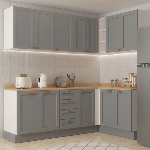Cozinha Modulada 6 Peças 3 Armários Aéreos e Nichos, 3 Balcões CabeCasa MadeiraOriginals Cinza/Branco