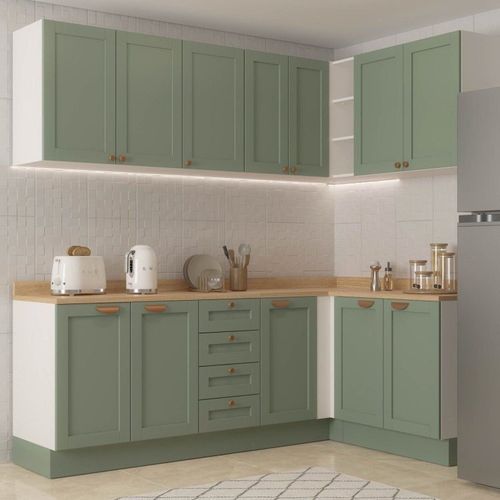 Cozinha Modulada 6 Peças 3 Armários Aéreos e Nichos, 3 Balcões CabeCasa MadeiraOriginals Verde Menta/Branco