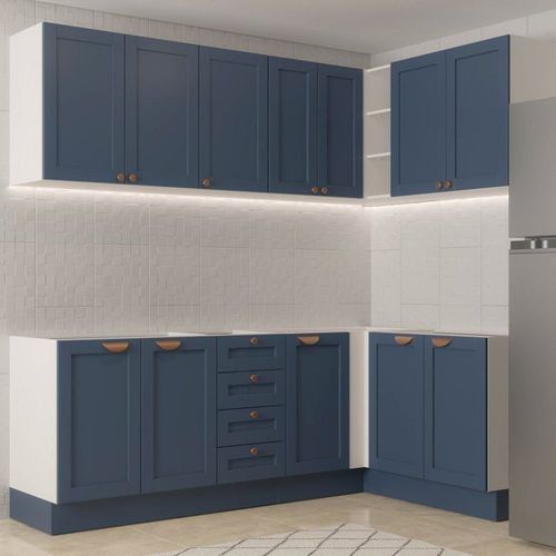 Cozinha Modulada 6 Peças sem Tampo 3 Armários Aéreos e Nichos, 3 Balcões CabeCasa MadeiraOriginals Azul/Branco